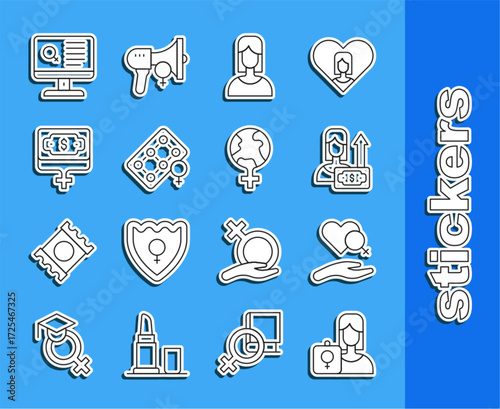 Set line Feminist activist, Heart with female gender, Money growth woman, Female, Packaging of birth control pills, Dating app and Feminism the world icon. Vector