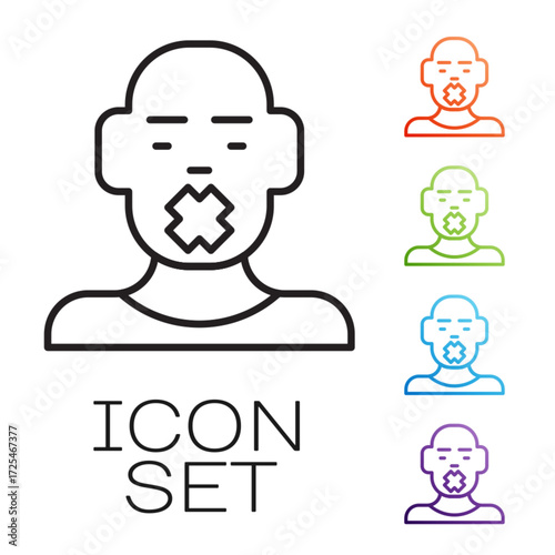 Black line Head of deaf and dumb guy icon isolated on white background. Dumbness sign. Disability concept. Set icons colorful. Vector