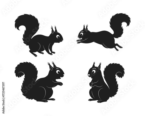 Four silhouettes of adorable cartoon squirrels in various playful poses against a white background