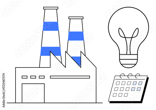 Factory building with two smokestacks, a light bulb signifying ideas, and a calendar. Ideal for industry, innovation, energy, manufacturing, planning sustainability business concepts. Modern simple