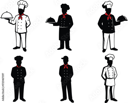 Chef illustration set, black and white design, culinary icon, serving pose, kitchen staff, red neckerchief, vector art, restaurant theme, hospitality graphic