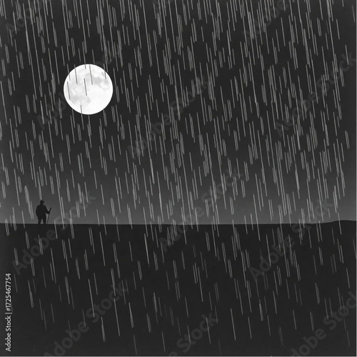 A vintage film depiction of Serengeti during midnight in summer, under rainy conditions, capturing unique natural textures and atmospheric mood.