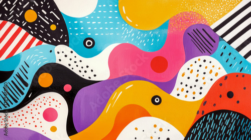 Modern abstract painting featuring interlocking colorful organic shapes, intricate patterns of dots, lines, and stripes in vibrant, dynamic style