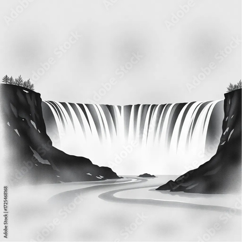 A watercolor painting depiction of Niagara Falls during midnight in winter, under misty conditions, capturing unique natural textures and atmospheric mood.