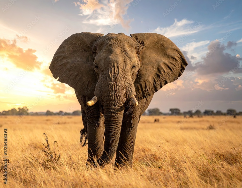 Fototapeta premium African Elephant in Golden Savannah at Sunset