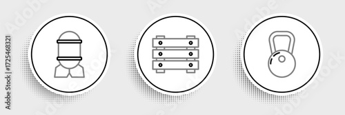 Set line Kettlebell, Aviation bomb and Military ammunition box icon. Vector