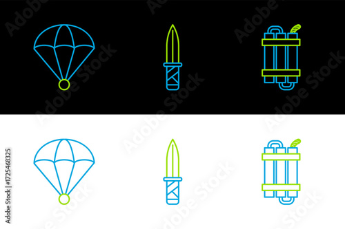 Set line Detonate dynamite bomb stick, Parachute and Military knife icon. Vector