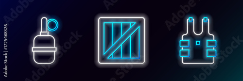 Set line Bulletproof vest for protection from bullets, Hand grenade and Military ammunition box icon. Glowing neon. Vector