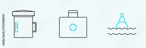 Set line Floating buoy on the sea, Big flashlight for diver and First aid kit icon. Vector