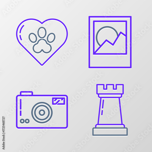 Set line Chess symbol, Photo camera, frames and Heart with animals footprint icon. Vector