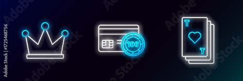 Set line Playing card with heart, Crown and Credit icon. Glowing neon. Vector