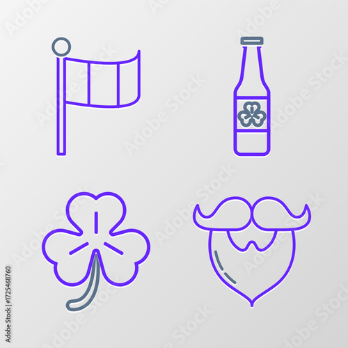 Set line Mustache and beard, Four leaf clover, Beer bottle with four and National Ireland flag icon. Vector