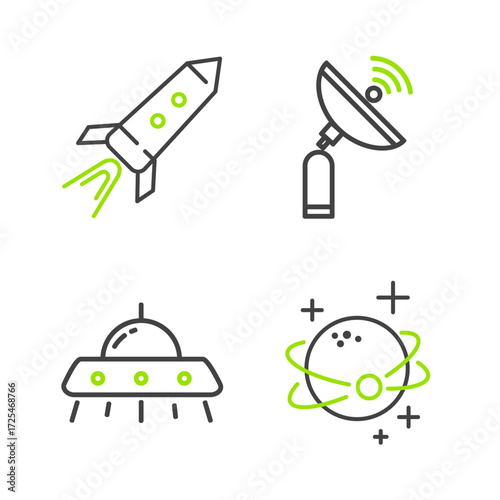 Set line Planet, UFO flying spaceship, Radar and Rocket with fire icon. Vector
