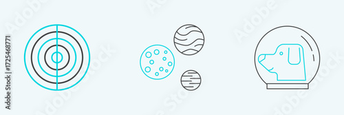 Set line Dog in astronaut helmet, Earth structure and Planet icon. Vector