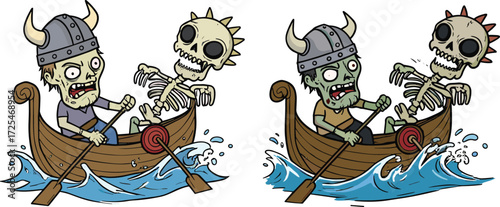 Zombie viking cartoon rowing boat with skeleton, scary undead warrior illustration, horror fantasy monster character art, spooky Halloween nautical adventure scene