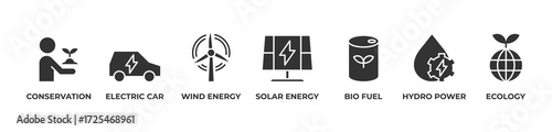 Eco Innovation Hub Icons set vector illustration glyph with Conservation, Electric car, Wind energy, Solar energy, Bio fuel, Hydro power, Ecology