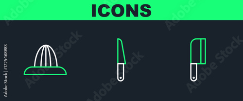 Set line Meat chopper, Citrus fruit juicer and Knife icon. Vector