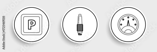 Set line Speedometer, Parking and Car spark plug icon. Vector