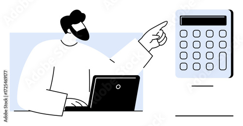 Man gestures towards a calculator, seated with laptop, highlighting calculation and analysis concepts. Ideal for finance, planning, budgeting, data, accounting education digital tools. Simple flat