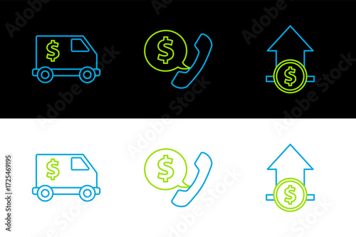 Set line Financial growth and coin, Armored truck and Telephone handset speech bubble chat icon. Vector