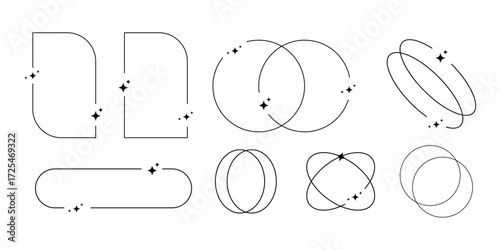 Modern minimalist aesthetic line elements, trendy frames with stars. Arch frame with sparkle. Y2k Design element. vector illustration 