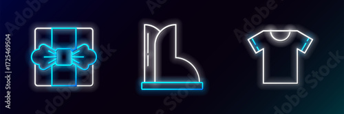 Set line T-shirt, Gift box and Waterproof rubber boot icon. Glowing neon. Vector