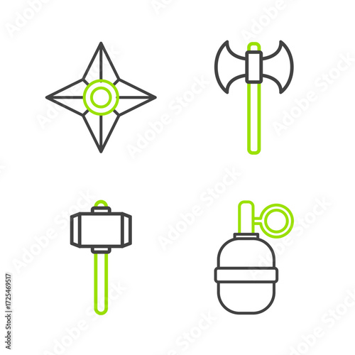 Set line Hand grenade, Battle hammer, Medieval axe and Japanese ninja shuriken icon. Vector