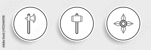 Set line Japanese ninja shuriken, Medieval axe and Battle hammer icon. Vector