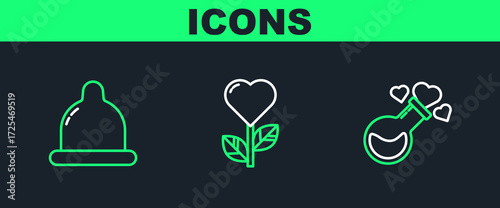 Set line Bottle with love potion, Condom and Heart shape in a flower icon. Vector