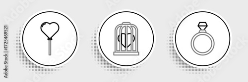 Set line Diamond engagement ring, Balloons form of heart and Heart the bird cage icon. Vector
