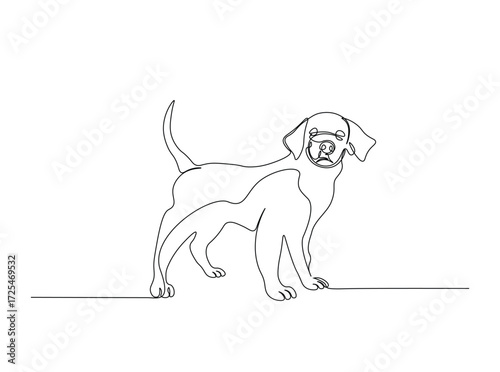Pet dog in single outline illustration. Continuous line art drawing of cute dog. Editable stroke.