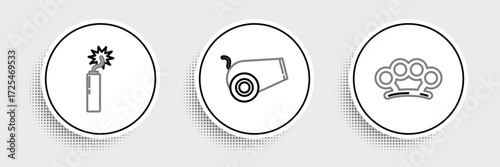 Set line Brass knuckles, Dynamite bomb stick clock and Cannon icon. Vector