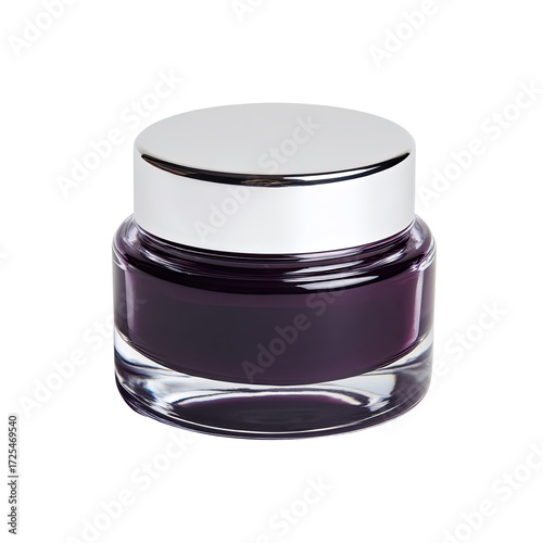 Dark purple cosmetic jar with clear acrylic base.  Shiny silver lid