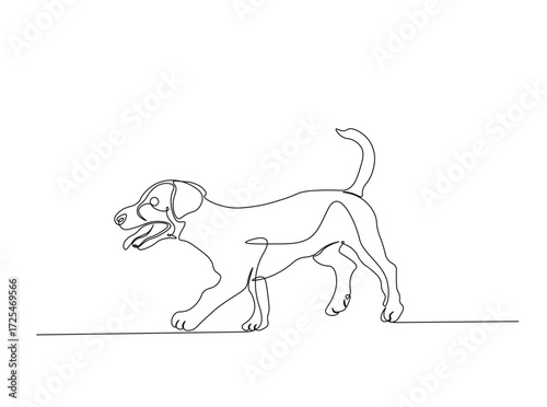 Pet dog in single outline illustration. Continuous line art drawing of cute dog. Editable stroke.