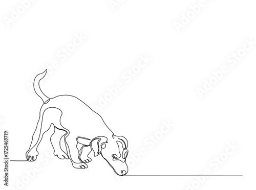 Pet dog in single outline illustration. Continuous line art drawing of cute dog. Editable stroke.