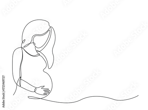 Pregnant woman in single outline illustration. Continuous line art drawing of pregnant woman holding her belly. Editable stroke.