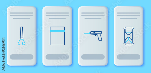Set line Plastic bag with ziplock, Pistol or gun silencer, Paint brush and Old hourglass sand icon. Vector