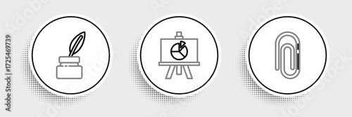 Set line Paper clip, Feather and inkwell and Chalkboard with diagram icon. Vector