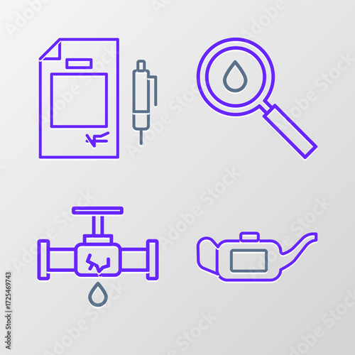 Set line Canister for motor oil, Broken pipe with leaking water, Oil drop and Contract money and pen icon. Vector