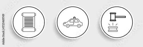 Set line Judge gavel, Decree, paper, parchment, scroll and Police car and flasher icon. Vector