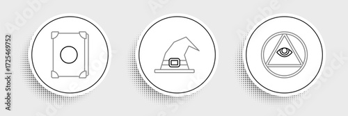 Set line Masons, Ancient magic book and Witch hat icon. Vector