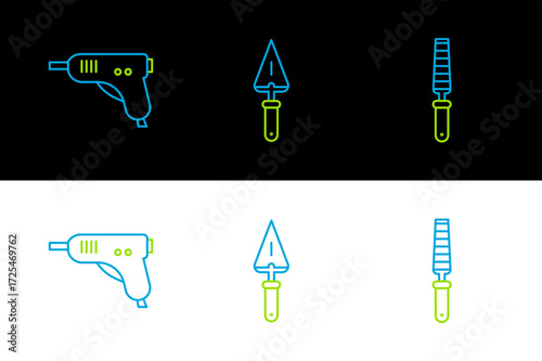 Set line Chisel tool for wood, Electric hot glue gun and Trowel icon. Vector