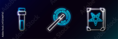 Set line Ancient magic book, Bottle with love potion and Magic wand icon. Glowing neon. Vector