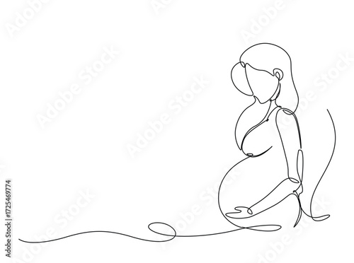 Pregnant woman in single outline illustration. Continuous line art drawing of pregnant woman holding her belly. Editable stroke.
