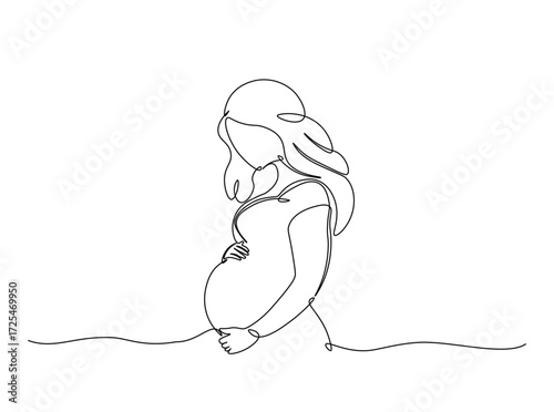 Pregnant woman in single outline illustration. Continuous line art drawing of pregnant woman holding her belly. Editable stroke.