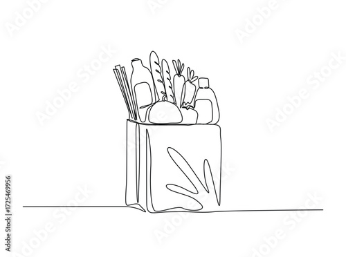 Paper grocery bag full of food  in single outline illustration. Continuous line art drawing of Paper shopping bag full of food. Editable stroke.
