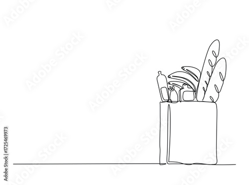 Paper grocery bag full of food  in single outline illustration. Continuous line art drawing of Paper shopping bag full of food. Editable stroke.
