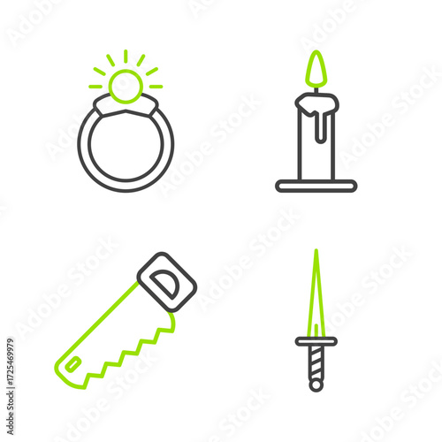 Set line Dagger, Hand saw, Burning candle in candlestick and Magic stone ring with gem icon. Vector