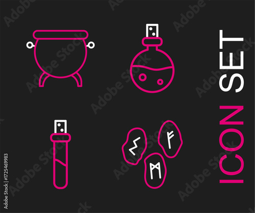 Set line Magic runes, Bottle with love potion, and Witch cauldron icon. Vector