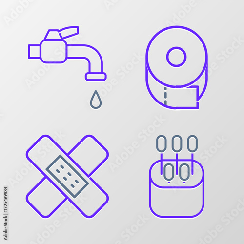 Set line Cotton swab for ears, Crossed bandage plaster, Toilet paper roll and Water tap icon. Vector